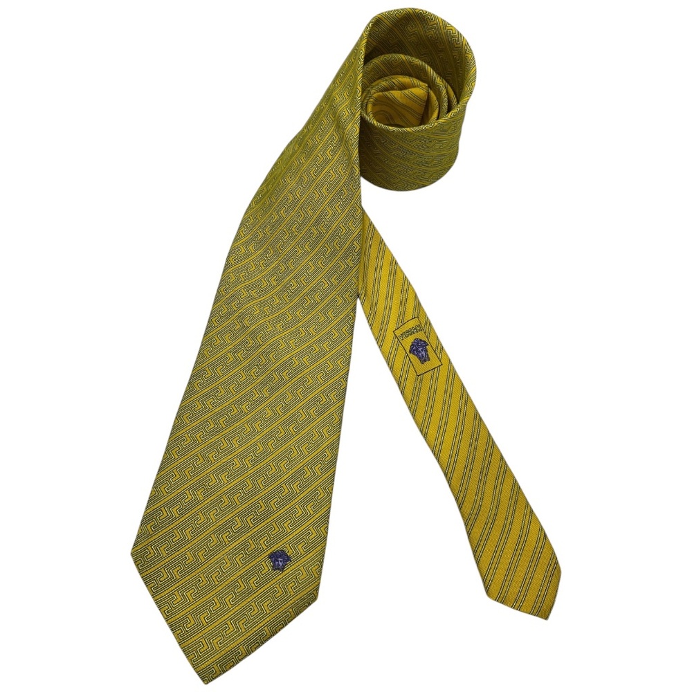 GIANNI VERSACE Yellow Geometric Monogram Logo Silk LUXURY Tie ITALY